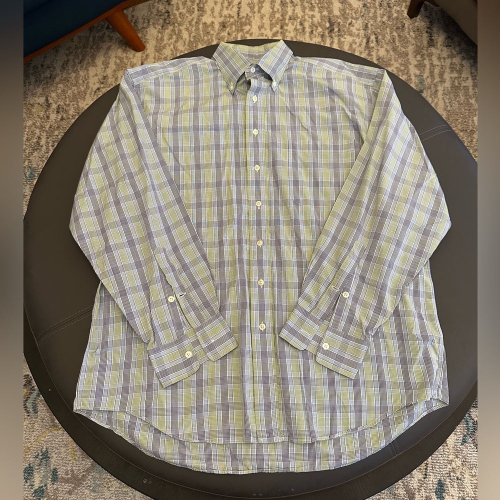 Hickey Freeman Mens Blue & Green Checked Button Down Business Shirt Size 17 34